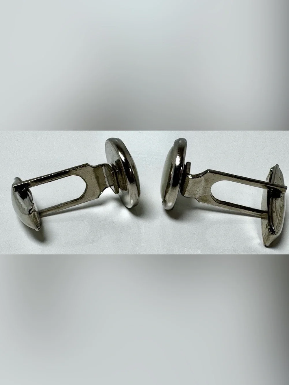 Silver Tone Round White Cabochon Bullet Back Men's Cufflinks Pair #1707